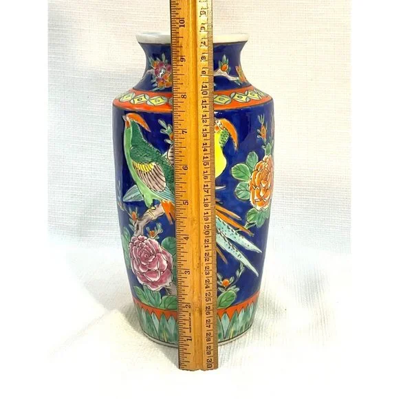 Incredible Royal Cobalt Japanese Vintage Tall Vase With Pheasants Chinoiserie